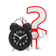 Leinwandbilder - Question Mark Sign Cartoon Character Person Mascot with Alarm Clock. 3d Rendering