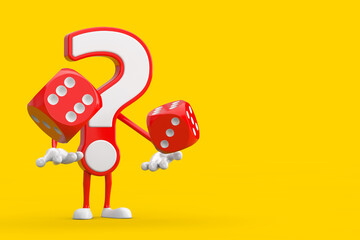 Poster - Question Mark Sign Cartoon Character Person Mascot with Red Game Dice Cubes in Flight. 3d Rendering