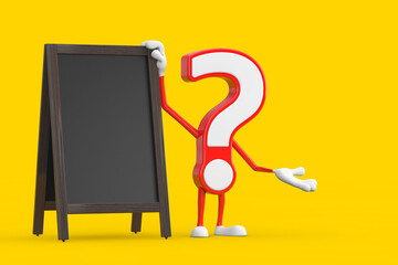 Poster - Question Mark Sign Cartoon Character Person Mascot with Blank Wooden Menu Blackboards Outdoor Display. 3d Rendering