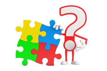 Aufkleber - Question Mark Sign Cartoon Character Person Mascot with Four Pieces of Colorful Jigsaw Puzzle. 3d Rendering