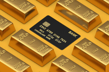 Aufkleber - Rows of Isometric Golden Bars with Black Plastic Golden Credit Card with Chip. 3d Rendering