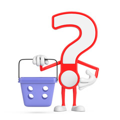 Poster - Question Mark Sign Cartoon Character Person Mascot with Cartoon Shopping Basket. 3d Rendering