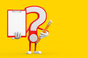 Aufkleber - Question Mark Sign Cartoon Character Person Mascot with Red Plastic Clipboard, Paper and Pencil. 3d Rendering