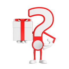 Aufkleber - Question Mark Sign Cartoon Character Person Mascot and Gift Box with Red Ribbon. 3d Rendering