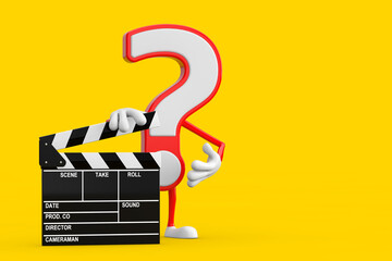 Poster - Question Mark Sign Cartoon Character Person Mascot with Movie Clapper Board. 3d Rendering