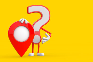 Poster - Question Mark Sign Cartoon Character Person Mascot with Red Map Pointer Target Pin. 3d Rendering