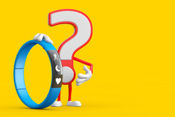Poster - Question Mark Sign Cartoon Character Person Mascot with Blue Fitness Tracker. 3d Rendering