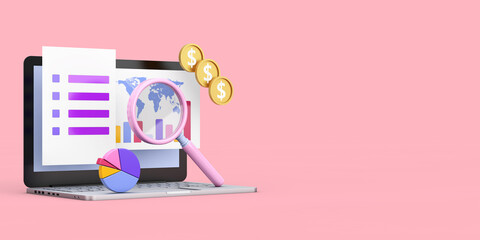 Poster - Online Trading, Business Investment, Maketing and Analysis Concept. Cartoon Laptop with Graphs, Magnifier, Chart Pie and Dollar Coins. 3d Rendering