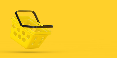Poster - Yellow Cartoon Minimal Style Grocery Shopping Basket. 3d Rendering