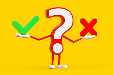 Aufkleber - Question Mark Sign Cartoon Character Person Mascot with Red Cross and Green Check Mark, Confirm or Deny, Yes or No Icon Sign. 3d Rendering