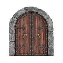 Medieval Arch Wooden Closed Castle Gate. 3d Rendering