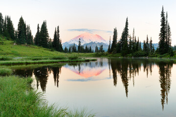 Wall Mural - Beautiful sunrise over MT Rainier with reflection viewing from Tipsoo lake, MT Rainier National Park, Washington.