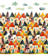 Seamless pattern with watercolor houses and clouds. Illustration for wrapping paper, wallpapers, prints, textile. Isolated on white background.