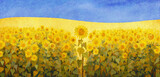Fototapeta Las - A field of sunflowers in the colors of Ukranian flag. Hand painted illustration