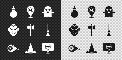 Wall Mural - Set Bomb ready to explode, Pumpkin, Ghost, Eye, Witch hat, Skull, Vampire and Wooden axe icon. Vector