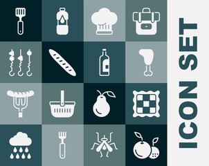 Sticker - Set Fruit, Checkered napkin, Chicken leg, Chef hat, French baguette bread, Grilled shish kebab on skewer, Spatula and Bottle of wine icon. Vector