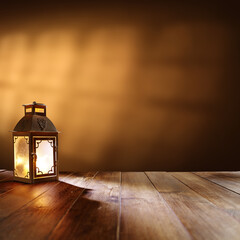 Canvas Print - Desk of free space and lamp with wall and shadows. 