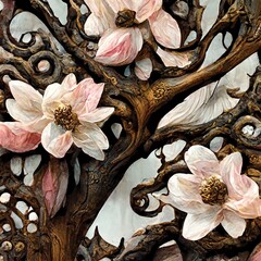 Wall Mural - Digital illustration of fantasy magnolia flowers with wood texture, printable wall art, floral background or pattern