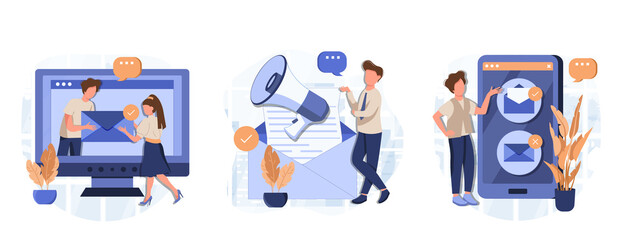 Wall Mural - E-mail marketing and promotion illustration set. Characters sending advertising mails and promotional offers with sales and discounts. Ecommerce business concept. Vector illustration.