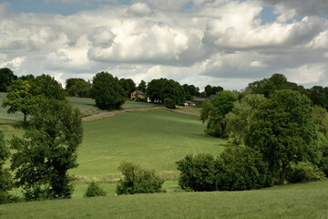 Wall Mural - Rolling countryside with meadows, houses and trees under a cloudy sky.