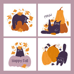 Wall Mural - Cats and Pumpkins card with cartoon doodle characters with leaves and flowers. Isolated vector composition for autumn fall, agricultural harvest, Thanksgiving or Halloween designs