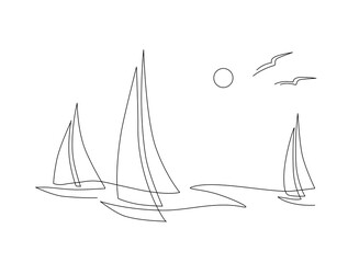 Yachts on sea waves. Seagull in the sunny sky. Continuous line drawing illustration. Isolated on white background