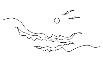 Seascape with waves, seagulls and sun. Continuous line drawing. Linear illustration, isolated on white background