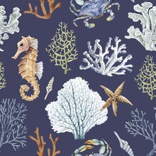 Seamless Pattern With Watercolor Illustrations Of Corals And Animals In Marine Style On A Blue Background.	
