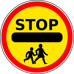 Vector graphic of a uk warning of a children crossing ahead road sign. It consists of a two children holding hands crossing the road on a yellow background all contained within a red circle