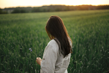 Poster - Woman relaxing in wheat field in evening, cropped view. Stylish young female in rustic dress holding wildflowers in hands in summer countryside. Tranquil atmospheric moment