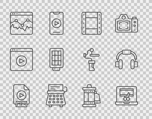 Sticker - Set line MP4 file document, Video recorder on laptop, Play, Retro typewriter, Music wave equalizer, Softbox light, Camera roll cartridge and Headphones icon. Vector