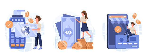 Wall Mural - Payment methods illustration set. Characters paying with credit card, cash with banknotes and online by electronic bank transfer. Cash and electronic payments concept. Vector illustration.