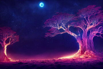 Illustration fantasy of neon forest. Glowing colorful look like fairytale.