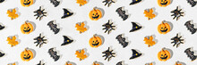 Flat Lay Pattern Of Halloween Sugar Cookies - Pumpkin Jack, Witch Hat, Spider In A Plate On White Background. Long Banner