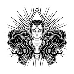 Sticker - Young beautiful witch. Mystic character. Alchemy, spirituality, occultism, tattoo art. Isolated black and white vector illustration. Halloween concept. Wiccan woman.