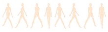 Set of Walking women nude Fashion template 9 nine head size female for technical drawing. Lady figure front, side, 3-4 and back view. Vector outline girl for fashion sketching and illustration.