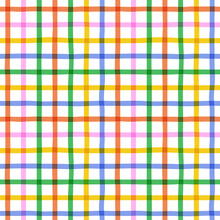 Colorful Geometric Grid Line Seamless Pattern. Retro Rainbow Plaid Style Background. Abstract Tartan Fabric Texture Illustration.