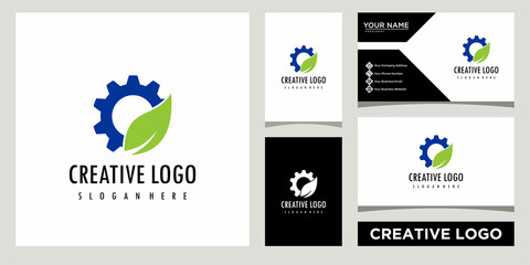 leaf and gear logo design template with business card design