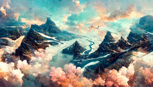 Birds Flying Over Rivers And Mountains Wallpaper Illustration