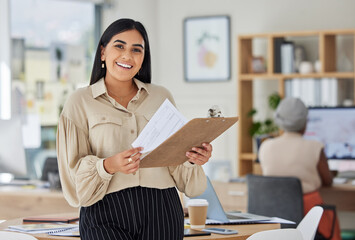 Aufkleber - Review, contract and report with a business woman holding a clipboard with paperwork in her office at work. Application, document and proposal with a young female employee reading notes and working