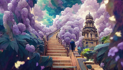 Wall Mural - Digital Illustrated Dreamy Old Fairy Castle Palace Tower Fortress on the Hill Of Nature Kingdom Landscape.Concept Art Scenery. Book Illustration. Video Game Scene. Serious Digital Painting. CG Artwork