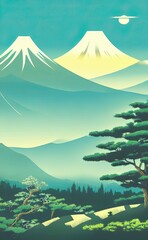 Japanese landscape with temple, forest and mountain scene traditional Japan style illustration