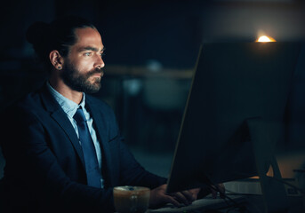 Fototapete - Cyber security man, digital programmer or computer for thinking web design engineer working on ux seo software or database coding. Developer with motivation or innovation programming on tech at night