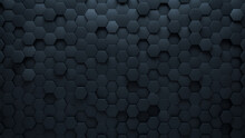 Futuristic Tiles Arranged To Create A Polished Wall. Hexagonal, Black Background Formed From 3D Blocks. 3D Render