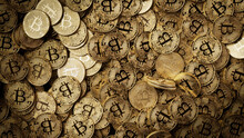 Bitcoin Cryptocurrency Represented As Gold Coins. Decentralized Asset Background. 3D Render.