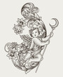 illustration cupid angel with engraving ornament antique style