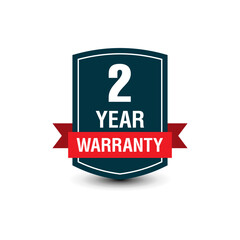 2 Year warranty simple, modern vector badge with red ribbon isolated on white background.