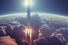 CG Illustration Of The Moment When A Rocket Is Launched From The Earth.