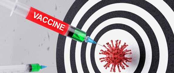 Wall Mural - Syringe with vaccine hit the target and destroys coronavirus. 3D rendering.