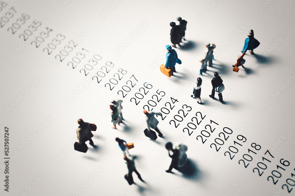 年表の横を歩くミニチュアの人々